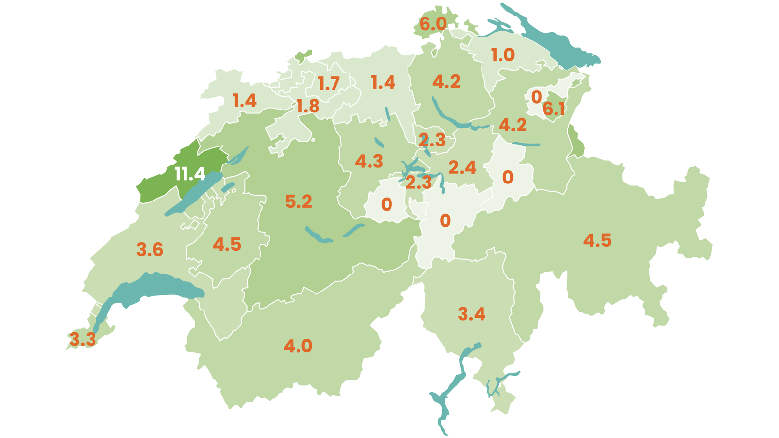 Anzahl praktizierender FachchiropraktorInnen pro 100.000 Einwohner per Kanton im Jahr 2024. Daten: ChiroSuisse